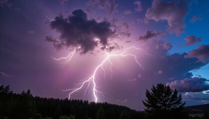 Dynamic electric storm illuminating forest at dawn, nature's power