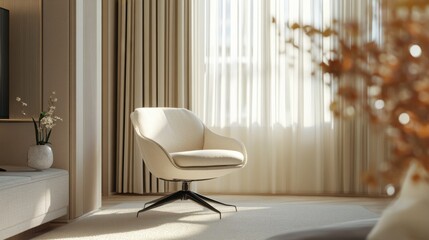 A modern and comfortable armchair in a light beige color against a bright window with a blurred Paris view
