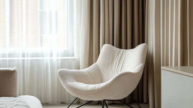 A modern and comfortable armchair in a light beige color against a bright window with a blurred Paris view
