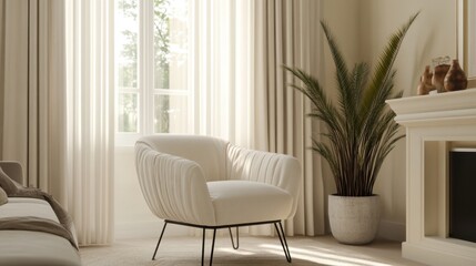 Naklejka premium A modern and comfortable armchair in a light beige color against a bright window with a blurred Paris view 
