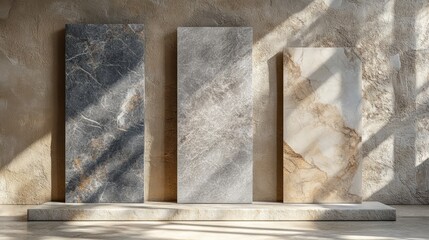 Stone slabs for product display set against a beige stone wall, realistic 3D rendering capturing natural stone textures
