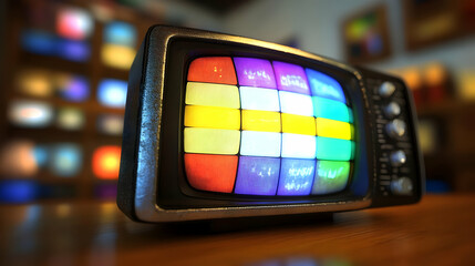 3D Illustration - Retro TV Test Pattern Screen, Vintage Technology, Colorful Blocks,  Nostalgia, Broadcasting