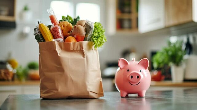 Piggy bank and a paper bag with food products in the kitchen. Concept of financial benefit, saving money with savings. Food savings concept in horizontal video