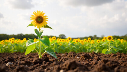 Solitary sunflower sprout growing in rich soil, resilience and hope