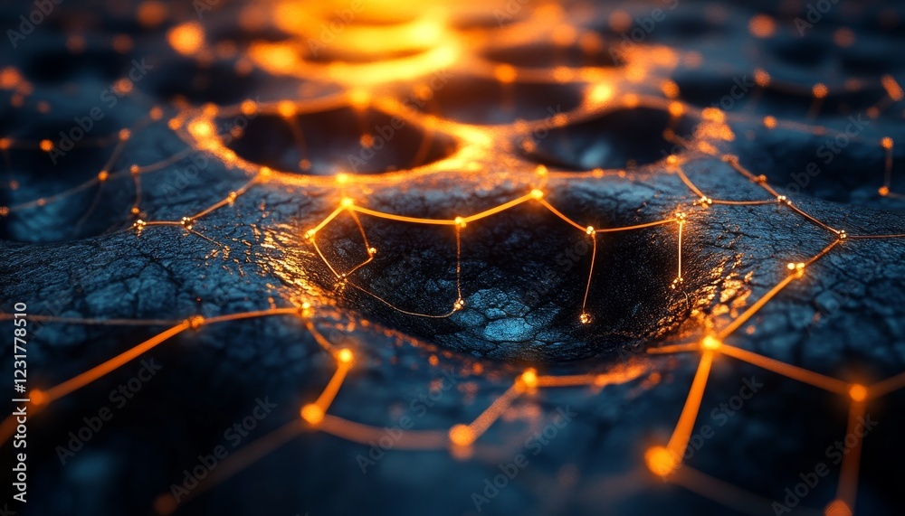 Poster glowing network, abstract data visualization with nodes, interconnected lines on dark background.