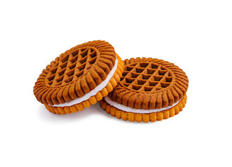 Delicious golden waffle cookies with creamy filling on a clean white background