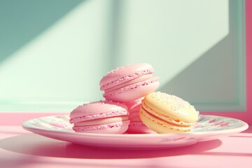 Fototapeta premium Macarons on pastel plate in sunlight