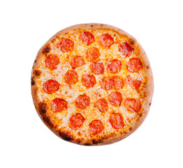 Delicious pepperoni pizza with crispy crust and melted cheese on a white background