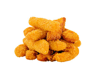 Crispy golden chicken strips stacked on a white background ready for serving or enjoying at a casual meal
