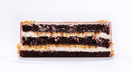 Delicious layered chocolate cake with creamy frosting and nuts on a white plate perfect for celebrations
