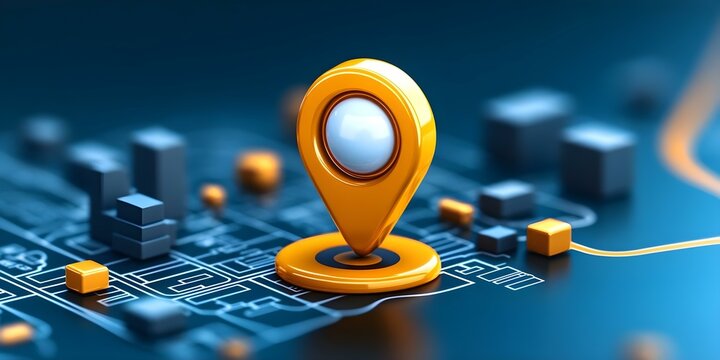A 3D rendering of a yellow location pin on a digital map with buildings and geometric shapes in the background. Concept 3D Rendering, Yellow Location Pin, Digital Map, Urban Landscape
