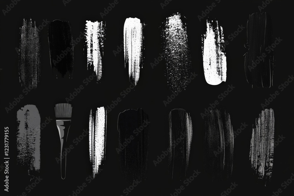 Poster Exploring various brush strokes in black and white paint on a dark background for artistic expression and design projects