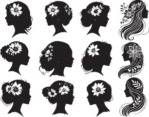 Women's Head Silhouette Collection with Decorative Flowers – Feminine Profile Silhouettes with Floral Elements