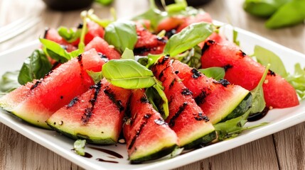 A salad made with grilled watermelon, fresh basil, and balsamic dressing.