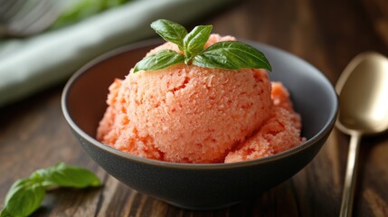 A scoop of spicy sriracha-infused ice cream, garnished with fresh basil leaves.