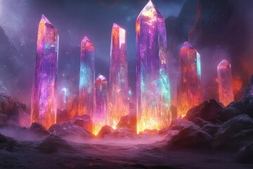 A fantasy landscape with towering crystal formations that glow olorful shadows.