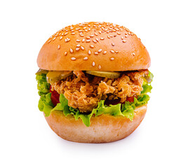 Delicious sesame seed burger with crispy chicken, fresh vegetables, and vibrant toppings for a tasty meal
