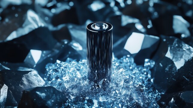 A black glossy battery cell emerging from crystals, a metaphor for solid-state batteries