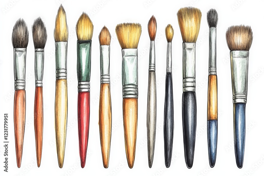 Aufkleber Artistic collection of paintbrushes in various sizes and shapes for different painting techniques displayed on a white background