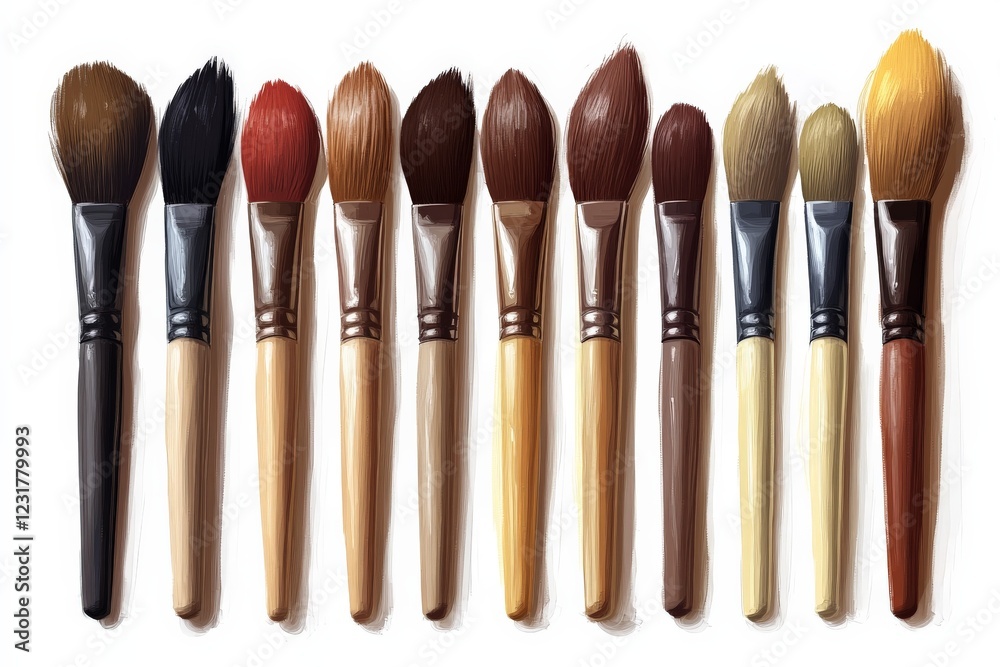 Poster various paintbrushes arranged in a straight line showcasing different shapes and sizes for artistic 