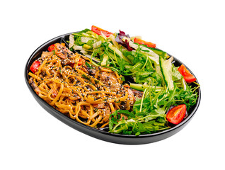 Tasty noodles served with fresh salad in a black tray at a casual dining setting