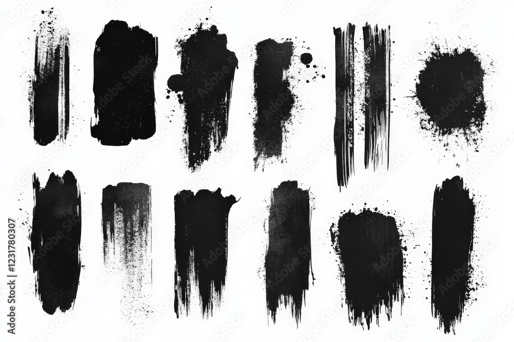Aufkleber black brush strokes on white background showcasing various textures and styles for artistic projects