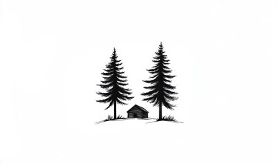 Obraz premium Simple Cabin Scene With Two Tall Pine Trees