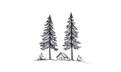 Obraz premium Cabin nestled between two tall pine trees in a forest