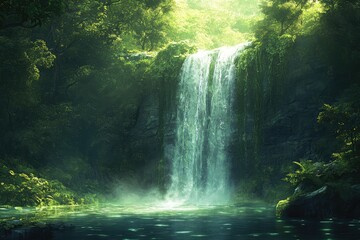 A fantasy waterfall cascading into a pool of glowing, bioluminescent water. The surrounding landscape is lush and green, with the water casting a soft, radiant light over the scene.