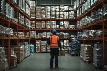 Warehouse worker checks inventory, aisle full of boxes, logistics, distribution