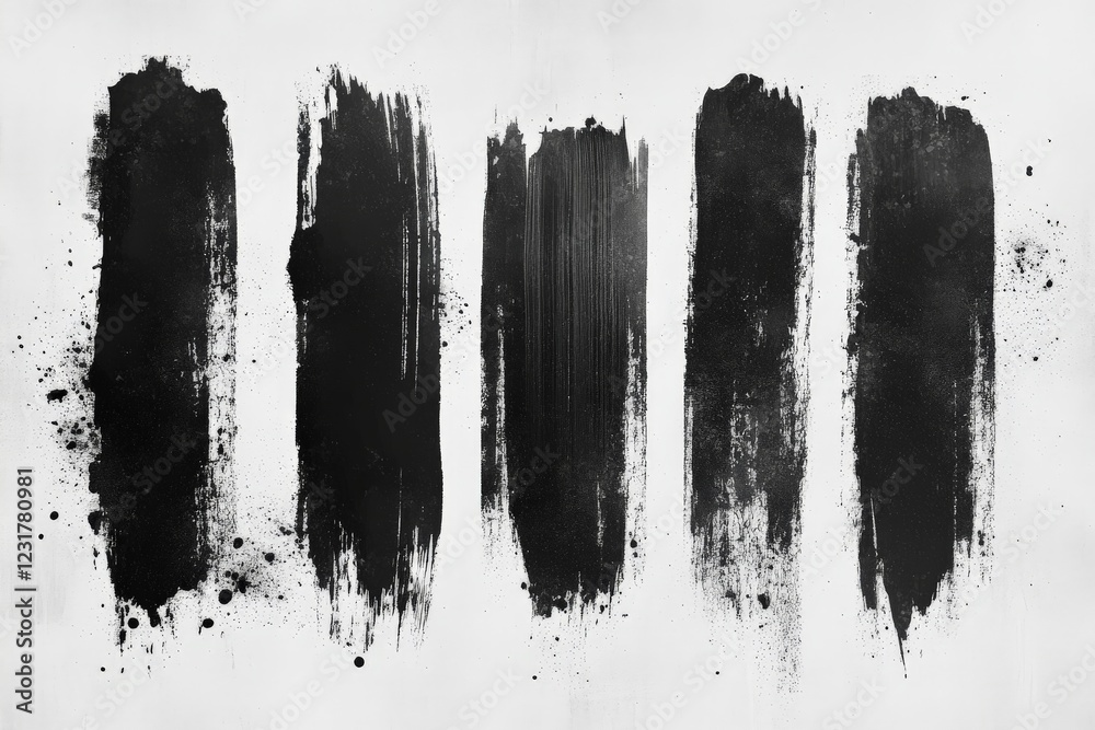 Poster Black brush strokes create an artistic abstract composition on a light background with textures and depth
