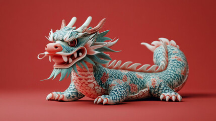 Fototapeta premium colorful dragon sculpture with intricate details on red background