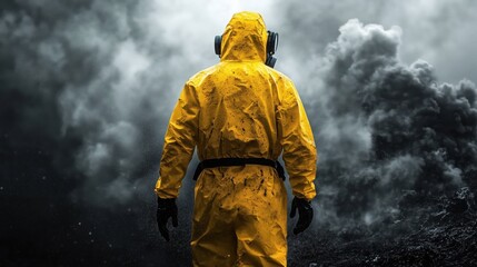 Fototapeta premium Scientist in protective gear analyzing a toxic cloud of smoke after a chemical disaster