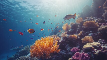 Fototapeta premium Underwater coral reef with colorful fish and sea life, a vibrant marine landscape. An ocean underwater scene with sunlight filtering through the water 