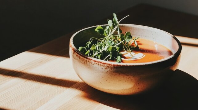 Creamy tomato soup with fresh microgreens garnished in ceramic bowl