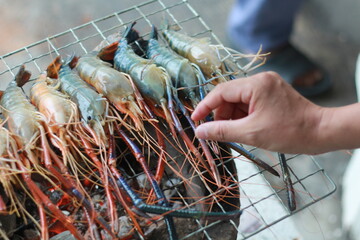  Raw Shrimp on Grill with Charcoal Background