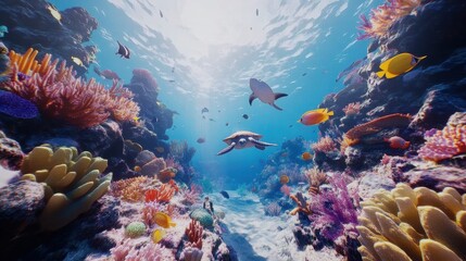Fototapeta premium Underwater coral reef with colorful fish and sea life, a vibrant marine landscape. An ocean underwater scene with sunlight filtering through the water 