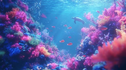 Fototapeta premium Underwater coral reef with colorful fish and sea life, a vibrant marine landscape. An ocean underwater scene with sunlight filtering through the water 