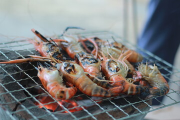  Raw Shrimp on Grill with Charcoal Background