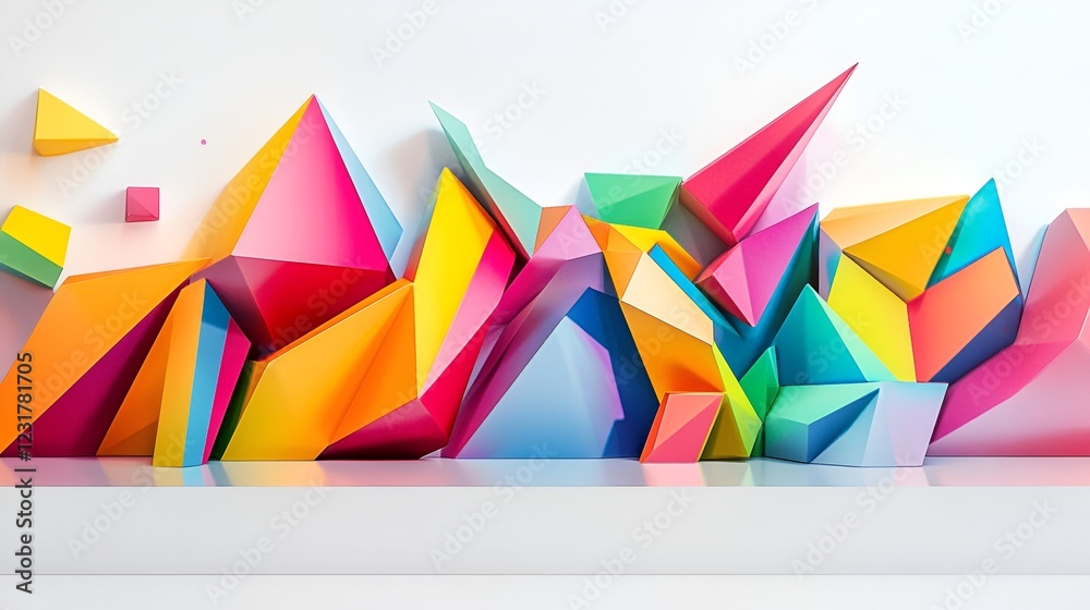 Wall mural bold modern design with colorful polygonal shapes creating depth on a white minimalist background