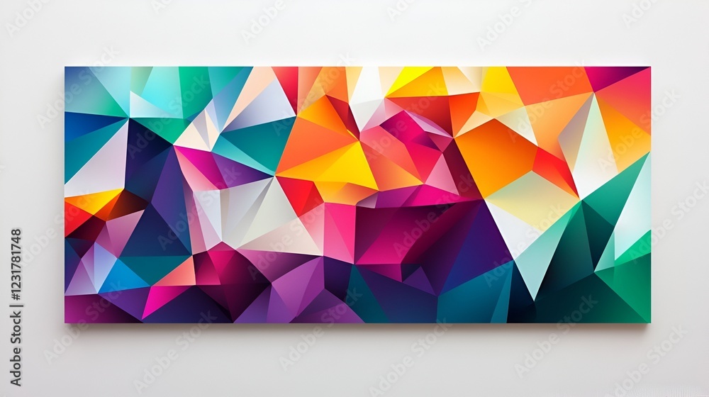 Poster bold modern design with colorful polygonal shapes creating depth on a white minimalist background
