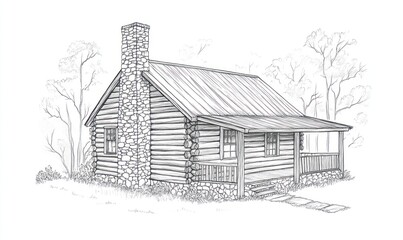 Log Cabin Drawing With Stone Chimney And Trees