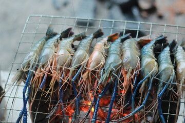  Raw Shrimp on Grill with Charcoal Background