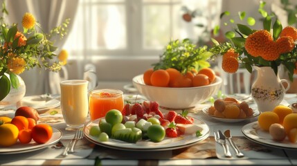 A Delightful Sunny Breakfast: Fresh Fruits, Juices, and Flowers