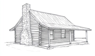 Rustic Log Cabin With Stone Chimney And Porch