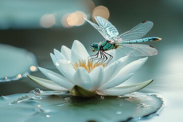 Dragonfly perched gracefully on a lotus flower in serene waters at dawn