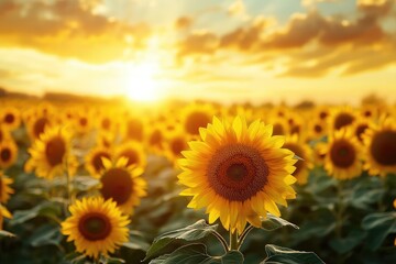 Obraz premium A field of sunflowers under a vibrant, golden sky, glowing in the warm, ethereal light of sunset.
