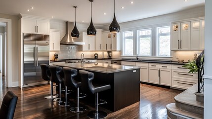 Fototapeta premium A contemporary kitchen with a black-and-white theme and pendant lighting.