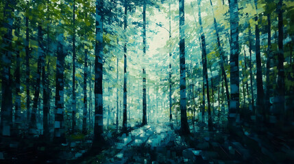 Obraz premium Dense Forest With Geometric Trunks and Soft Light Filtering Through Foliage. Generative AI