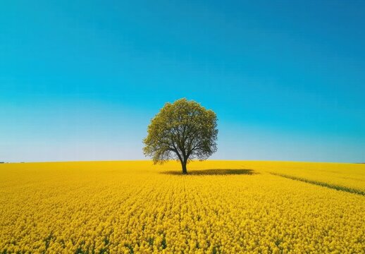 A tree stands in a field of yellow flowers
